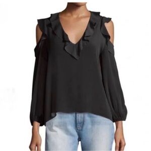 Zac & Rachel Black Cold-Shoulder Ruffle V-Neck Blouse
